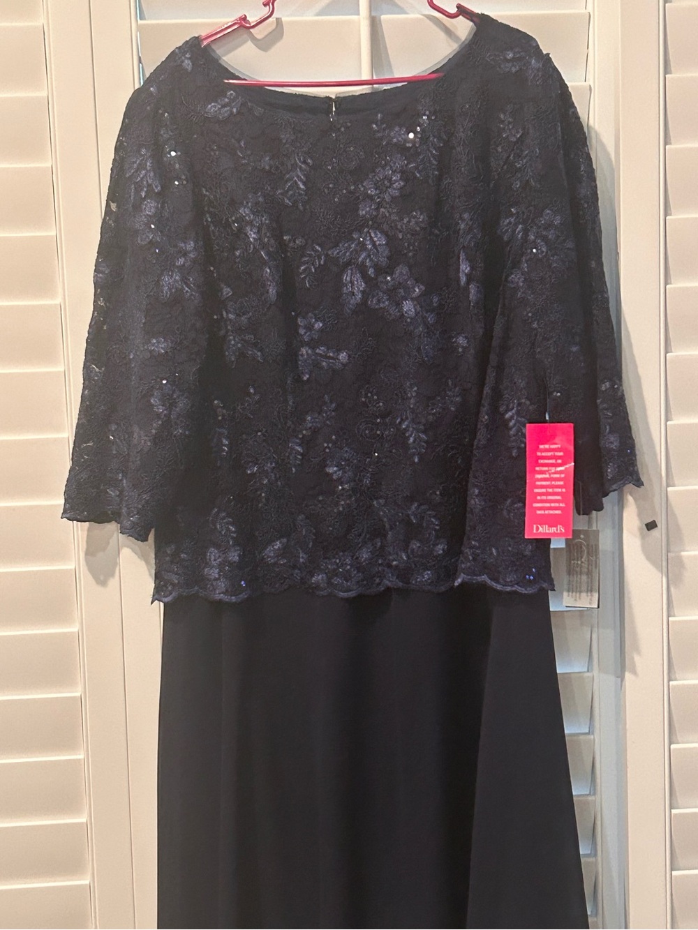 Alex Evenings Navy Lace Sequin Overlay Long Sleeve Evening Dress